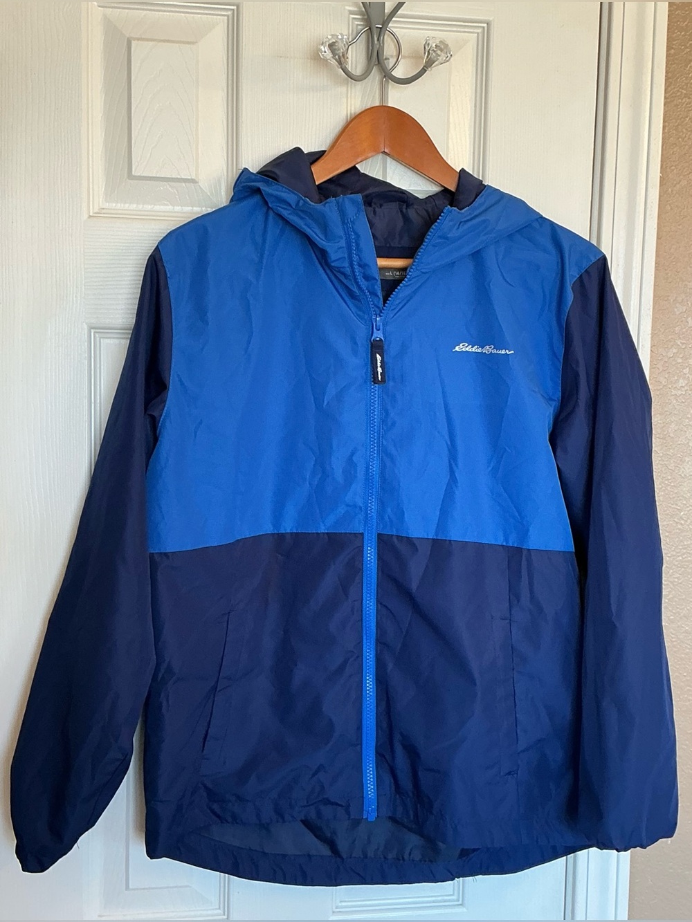 Eddie Bauer Jacket Youth Large 14/16 Blue Navy Hooded Windbreaker Lightweight